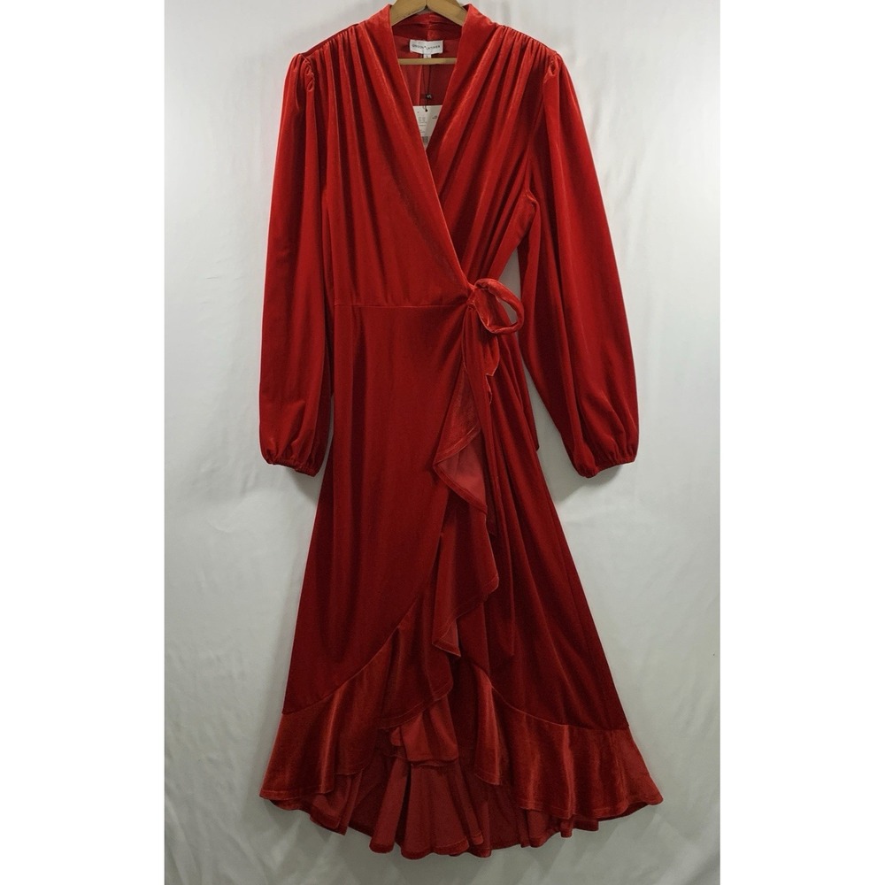 Gibson + Latimer Velvet Wrap Midi Dress Large Red Holiday Party Romantic Ruffle